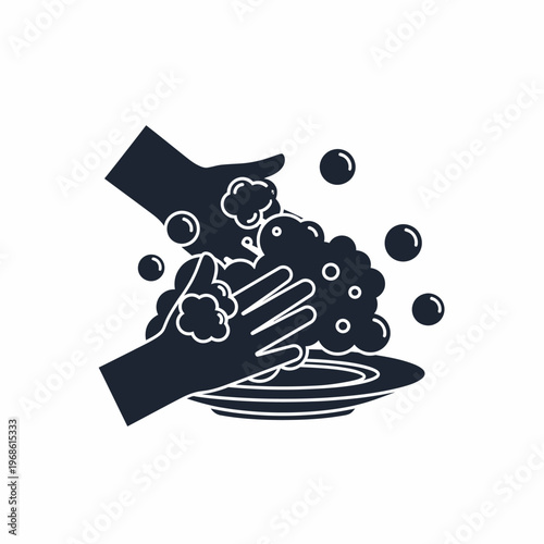 Hands washing dishes with soap and bubbles on plate, hygiene and cleaning concept, illustration