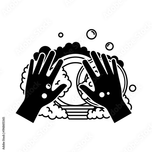 Hands washing dishes with soap bubbles, hygiene, clean kitchenware, domestic chores