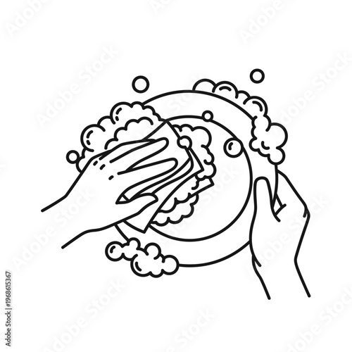 Hands washing dishes with soap and bubbles, line art illustration