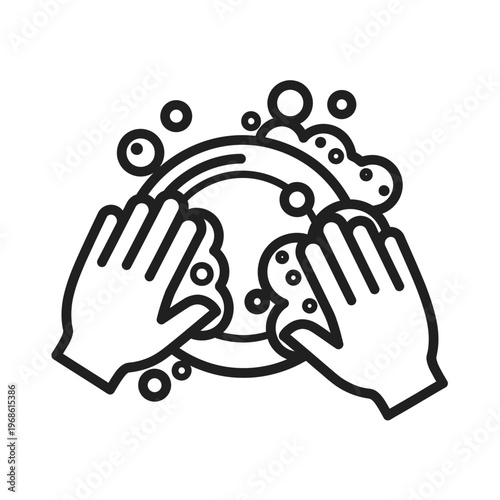 Hands washing dishes with soap bubbles, hygiene, cleaning, domestic chore, line art icon
