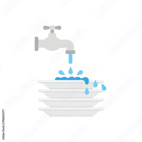 Stack of clean white plates under running water from a faucet, kitchen hygiene concept