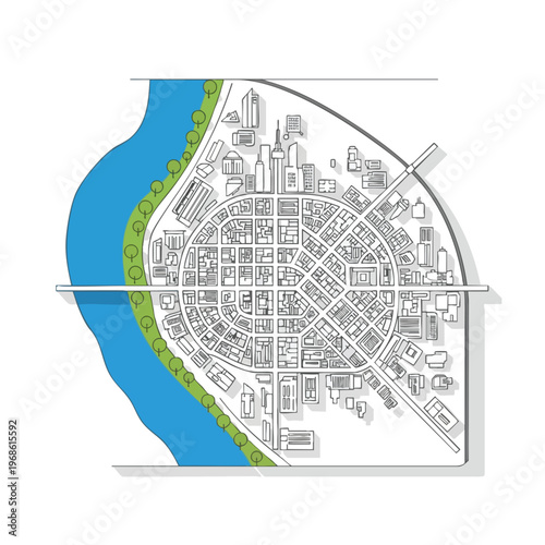 Circular city plan with radiating streets, a river, parkland, and buildings