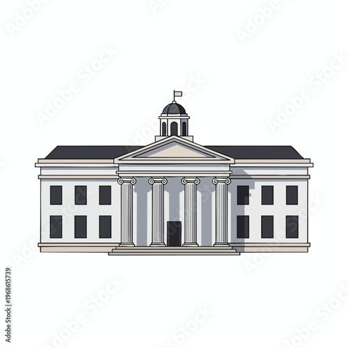 Detailed flat illustration of a classical building with a dome, columns, and windows