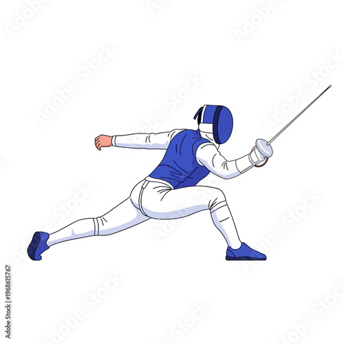 Fencer in action, lunging forward with foil sword, blue and white uniform, dynamic pose