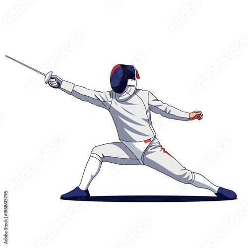 Fencer in action, lunging forward with foil sword, competitive sport illustration