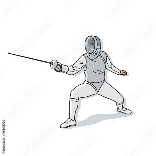 Fencer in action, lunging forward with foil, wearing protective gear