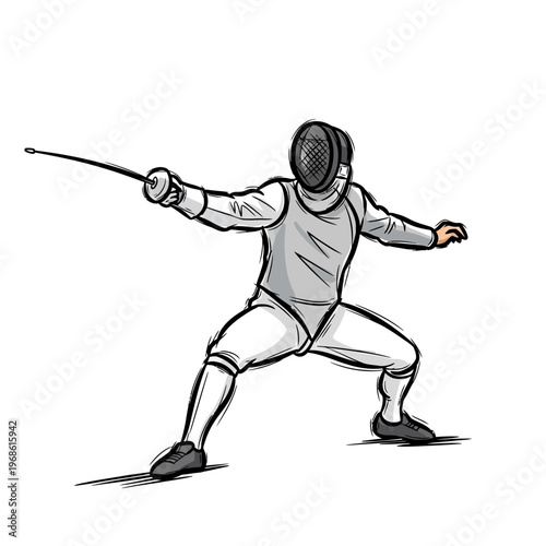 Fencer in action, lunging with foil sword, competitive sport, athletic stance