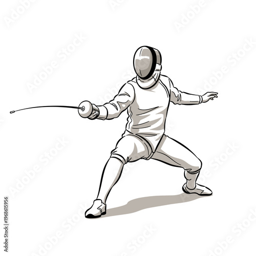 Fencer in action, lunging with foil, competitive sport, white background illustration