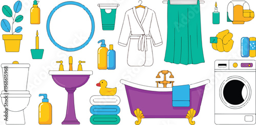 Cartoon bathroom accessories vector set with cute hygiene items, bathtub, toilet, sink, towels and bubble bath interior elements