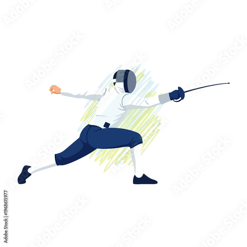 Fencer in action, lunging with sword, athletic sport, dynamic pose, competitive fencing illustration