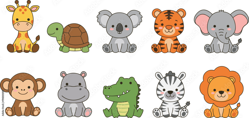 Fototapeta premium Cute vector illustration of cartoon animals including giraffe, turtle, koala, tiger, elephant, monkey, zebra, lion, crocodile, hippopotamus