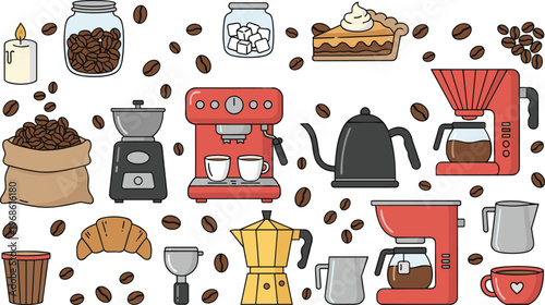 Colorful vector illustration of coffee equipment, beans, cups, grinder, kettle, moka pot, pie, and croissant