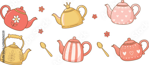 Whimsical vector illustration of colorful teapots with floral, heart, crown, striped designs and golden spoons