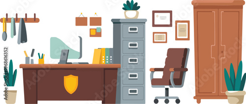 Detective office vector set with investigator workplace elements, police department interior, desk and evidence clue board cartoon collection