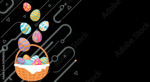 Easter basket with colorful eggs floating.
