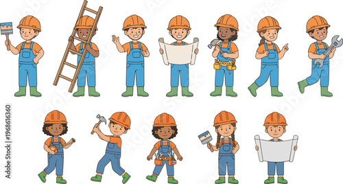 Playful vector illustration of cartoon construction workers with helmets, tools, ladder, blueprint, hammer, and wrench