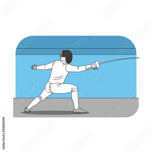 Fencer in protective gear lunging with sword in a duel, sports illustration