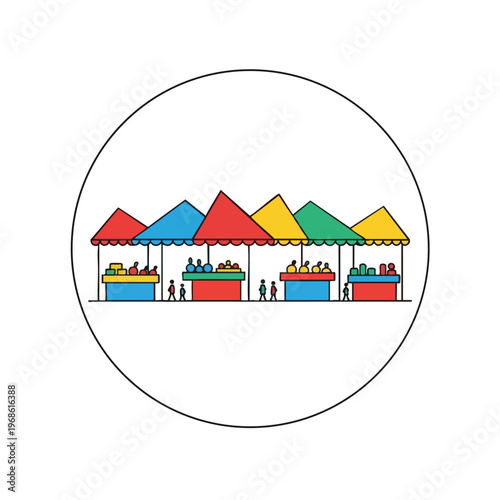 Stylized market stalls with vendors and shoppers, within a circular frame