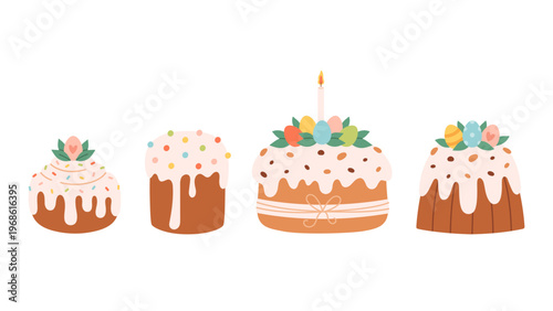 Cute Easter cakes decorated with colorful eggs, leaves, chocolate chips. Happy Easter. Flat vector illustration