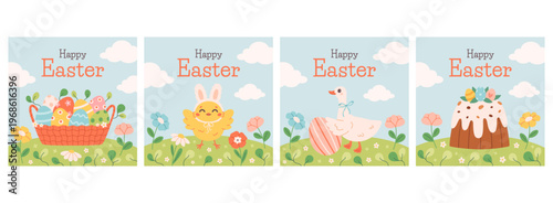 Happy Easter greeting cards with cute bunnies, chicks, painted eggs. Perfect for cards, invitations, posters, home decor, and seasonal design. Flat vector illustration