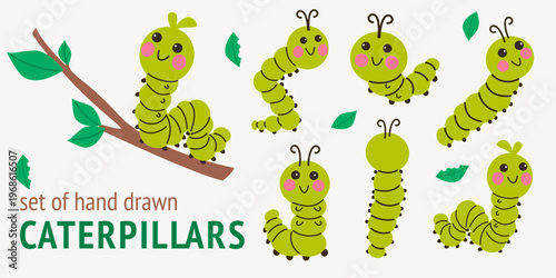 Cute caterpillar set cartoon insects collection