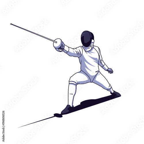 Fencer in uniform, poised for action with sword extended, dynamic pose, sport illustration