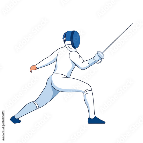 Fencer in white protective suit with blue mask, holding foil, lunging in attack stance, isolated on white.