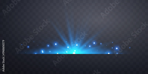 Horizontal lensflare. Blue light flash with rays or blue spotlight and bokeh. Glow flare light effect. Vector illustration. Isolated on black background.