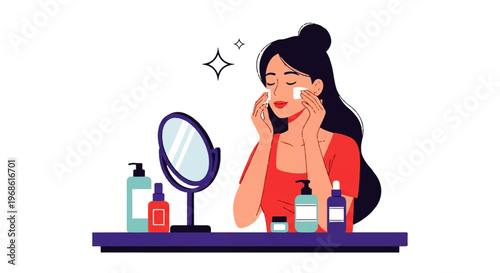 Vector flat design illustration of a woman applying skincare products in front of a mirror, showcasing a beauty routine