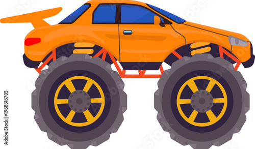 Orange monster truck illustration with large wheels