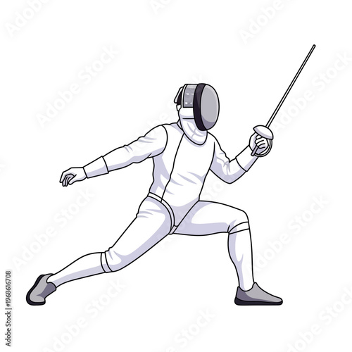 Fencer in white uniform lunging with foil sword, athletic sport illustration