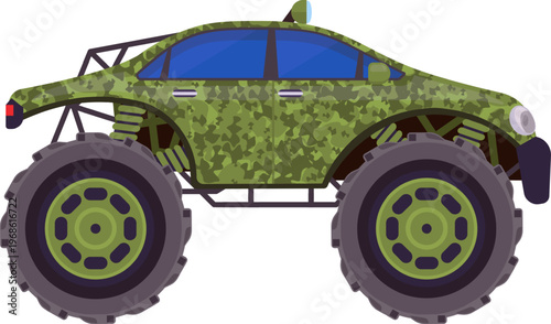 Camouflage monster truck driving challenging off road terrain