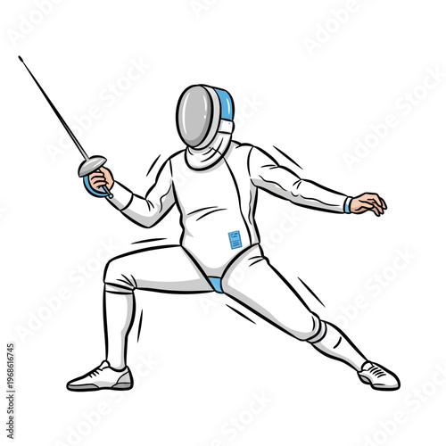 Fencer in white uniform with mask and foil, dynamic pose, active sport illustration