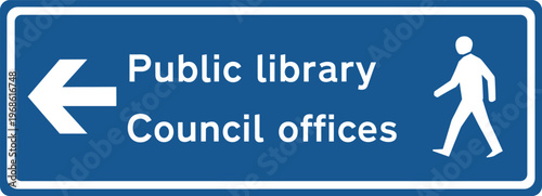 Public Library and Council Offices Direction Sign with Left Arrow and Pedestrian Symbol for Urban Navigation, Wayfinding, and Public Service Guidance Design