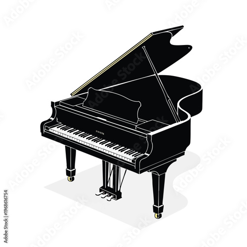 A black grand piano with its lid open, detailed illustration