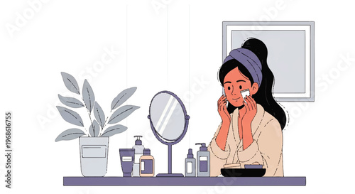 Vector flat design illustration of a woman applying facial skincare products with cotton pads in a bright, clean