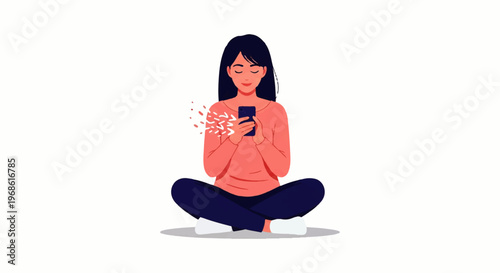 Vector flat design illustration of a young woman meditating with a smartphone, surrounded by digital data streams