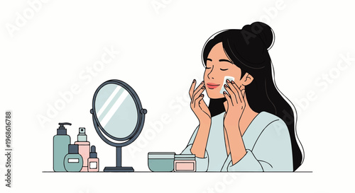 Vector flat design illustration of a woman applying skincare products with cotton pads in front of a mirror