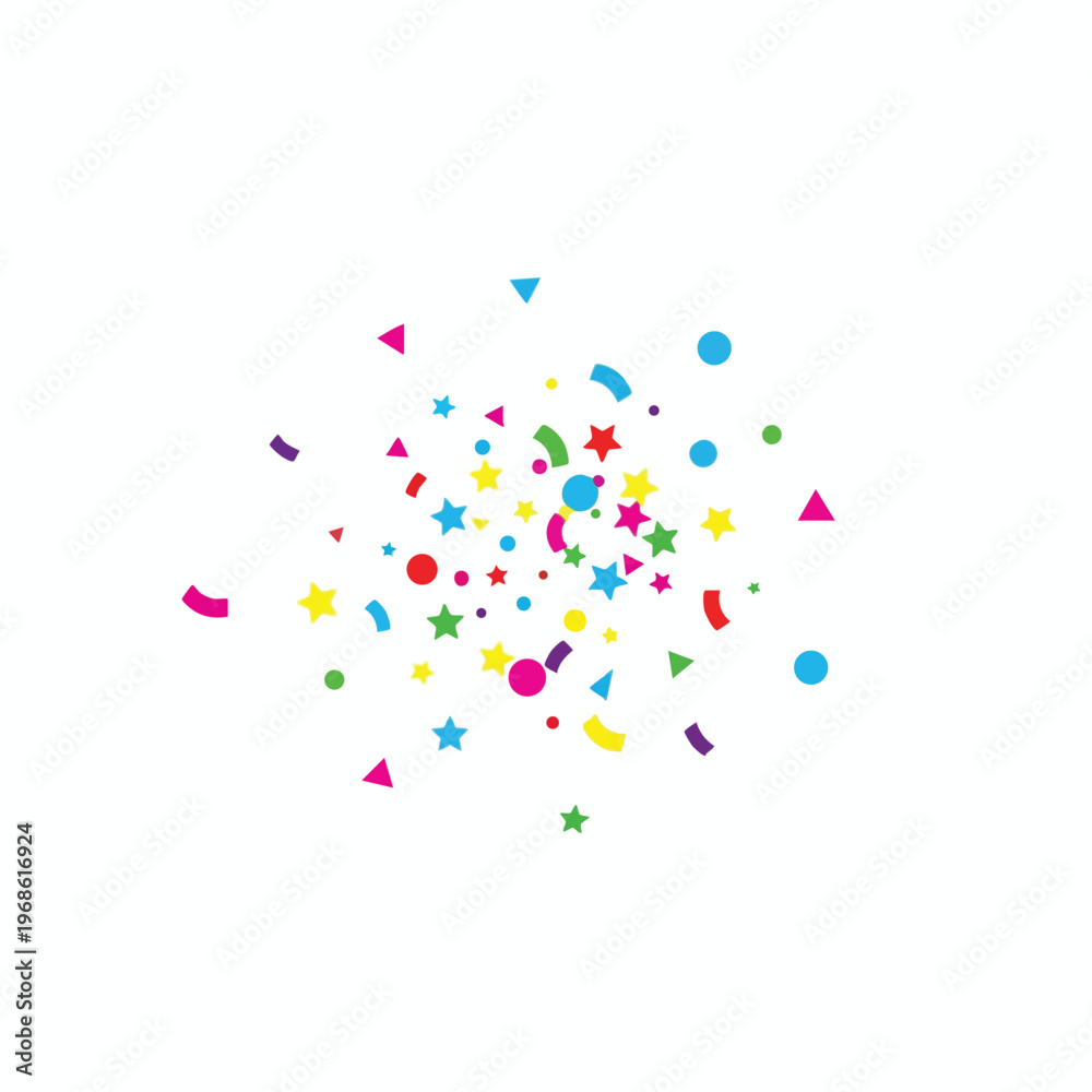 Obraz premium Vibrant colorful confetti explosion with stars, circles, and triangles scattered