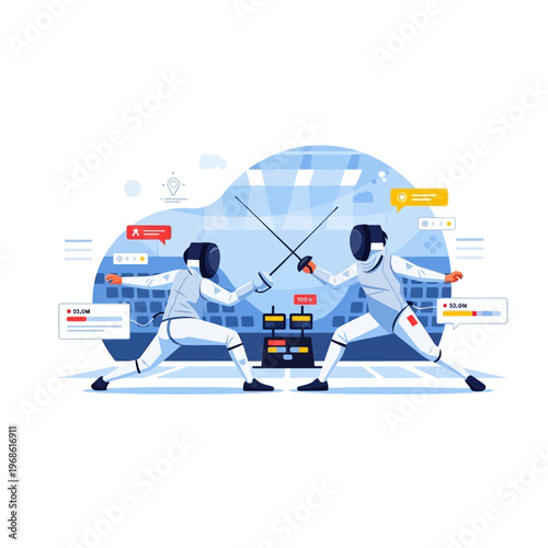 Fencers Competing in a Modern Duel with Digital Scoreboards