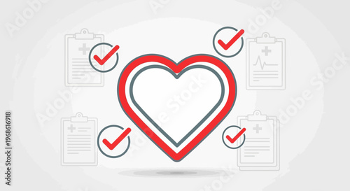 Heart Health Check: Medical Records and Checkmarks on White Background