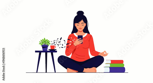 Calm woman meditating with smartphone in a peaceful Vector Flat Design Illustration, surrounded by books and a plant