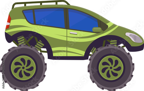 Green all terrain vehicle driving off road adventure concept