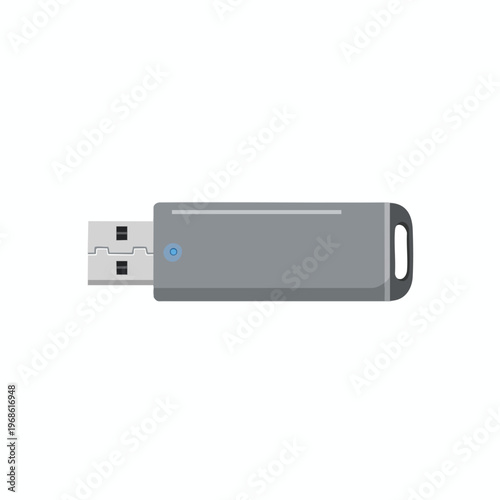 A sleek gray USB flash drive with a small blue indicator light