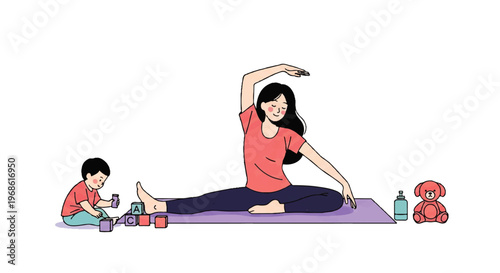 Vector flat design illustration of a mother doing yoga while her child plays with blocks, promoting healthy lifestyle