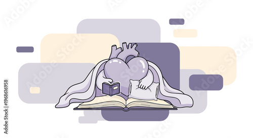 Heart Character Reading Book Under Blanket, Love Story Concept