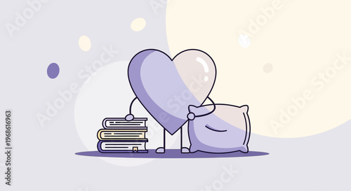 Heart Character Reading Books and Hugging Pillow, Cozy Sleep Concept