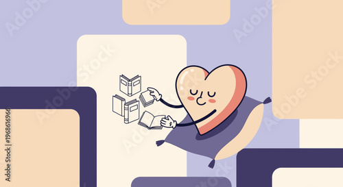 Heart character reading books on pillow, love for knowledge, education concept