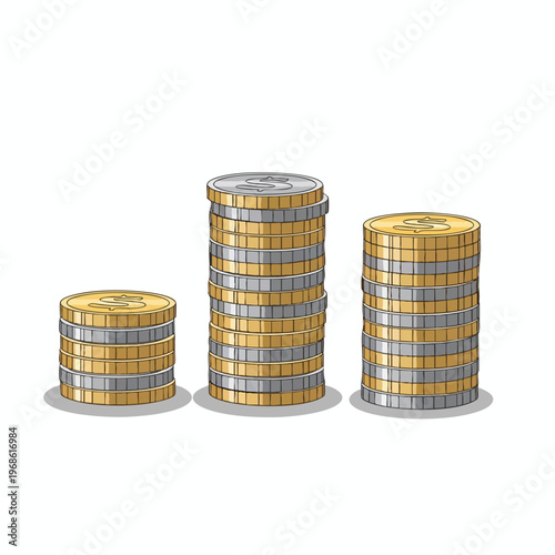 Three stacks of coins, varying in height, on a white background