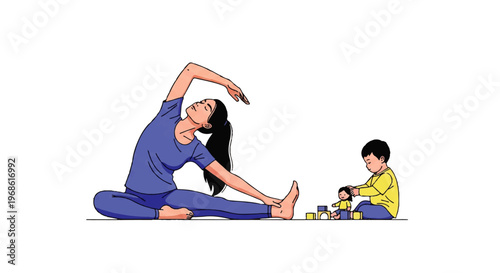 Vector flat design illustration of a mother doing yoga while her child plays with building blocks, promoting healthy